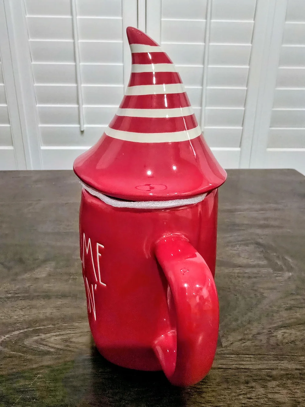 Rae Dunn Red Ceramic Gnome Mug with Striped Pointed Lid